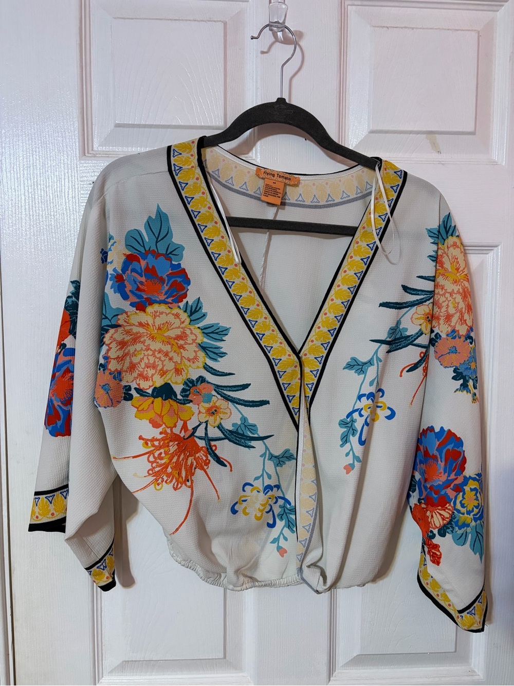 Flying Tomato Cream Floral V-Neck Kimono Top with Multicolor Print